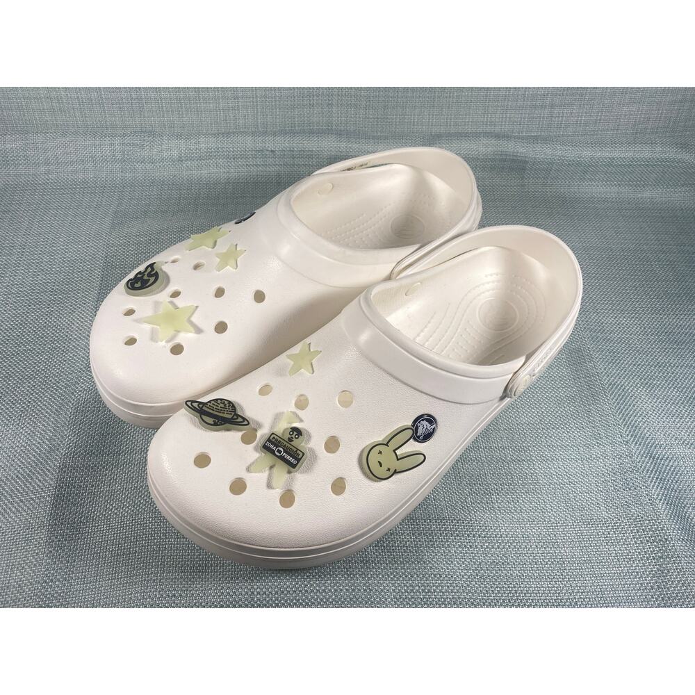 Crocs Crocband Triple White Mens sz 11 W/ Bad Bunny Croc Charms Glow Dark Clogs